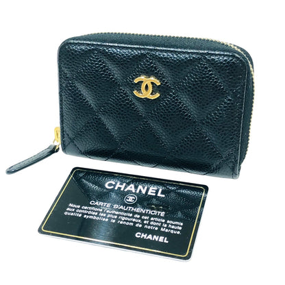 Chanel Quilted CC Caviar Leather Round Zipper Coin Case Compact Wallet Black Gold Hardware [Used]