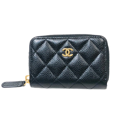 Chanel Quilted CC Caviar Leather Round Zipper Coin Case Compact Wallet Black Gold Hardware [Used]