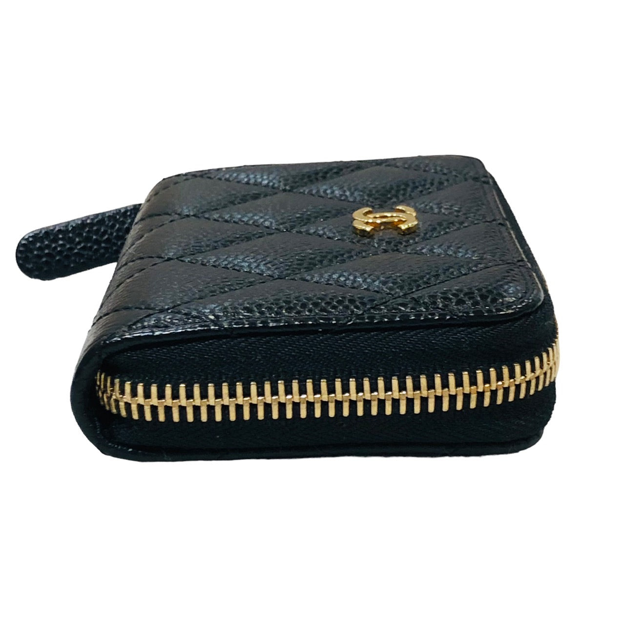 Chanel Quilted CC Caviar Leather Round Zipper Coin Case Compact Wallet Black Gold Hardware [Used]