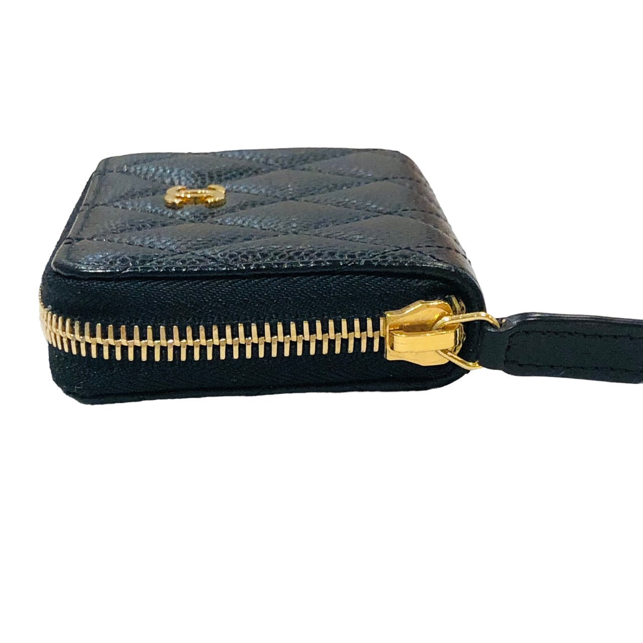 Chanel Quilted CC Caviar Leather Round Zipper Coin Case Compact Wallet Black Gold Hardware [Used]