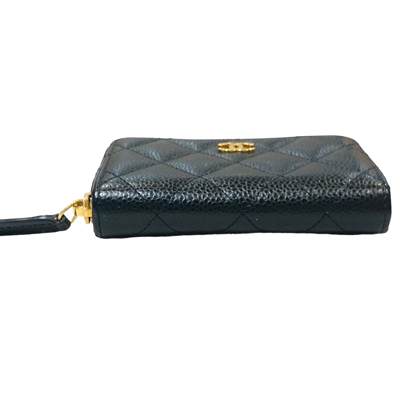 Chanel Quilted CC Caviar Leather Round Zipper Coin Case Compact Wallet Black Gold Hardware [Used]