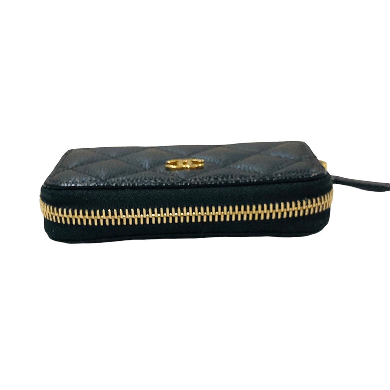 Chanel Quilted CC Caviar Leather Round Zipper Coin Case Compact Wallet Black Gold Hardware [Used]