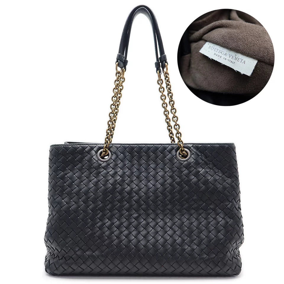 Bottega Veneta BV Chain Shoulder Tote Bag Intrecciato Leather Black Noir [Used]