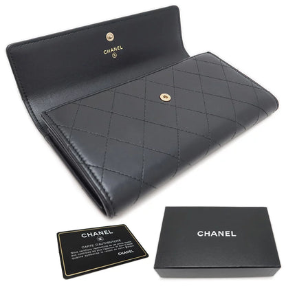 Chanel Matelasse CC Bifold Long Wallet Lambskin Leather Black Gold Hardware [Used]