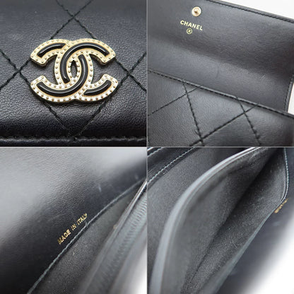 Chanel Matelasse CC Bifold Long Wallet Lambskin Leather Black Gold Hardware [Used]