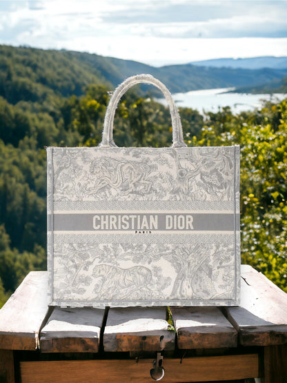 Christian Dior CD Book Tote Large Handbag Toile de Jouy embroidery Gray Canvas [Used]