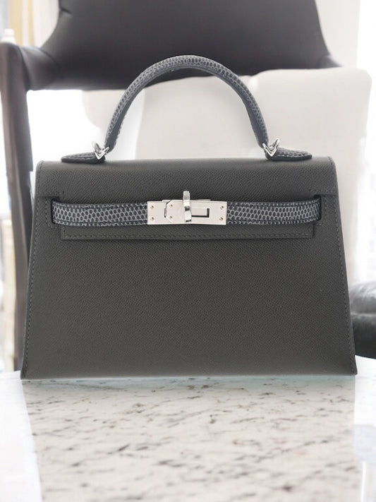 Hermes Mini Kelly 2 Touch Graphite Ardoise Palladium Hardware Vaux Madame Lizard Handbag [Used]