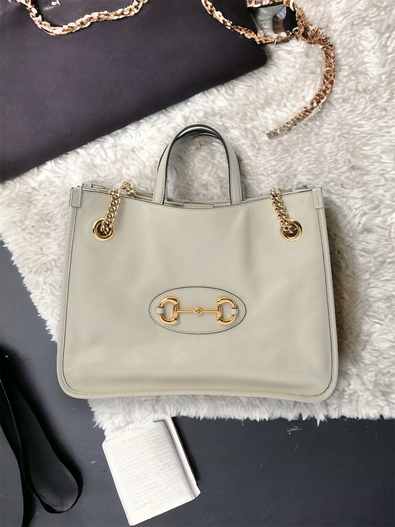 Gucci GG Horsebit 1955 Medium Shoulder Tote Bag 621144 Leather White [Used]