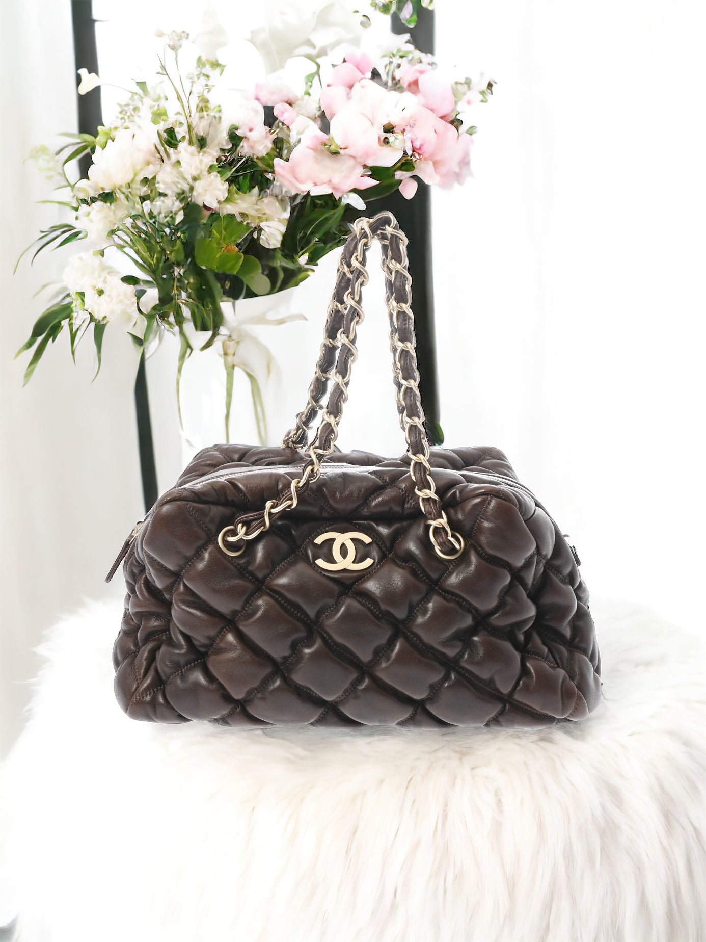 Chanel CC Bubble Quilted Shoulder Bag Lambskin Leather Brown Gold Hardware [Used]