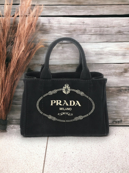 Prada Canapa Mini Shoulder Handbag Tote Bag 2 way 1BG439 Canvas Black [Used]