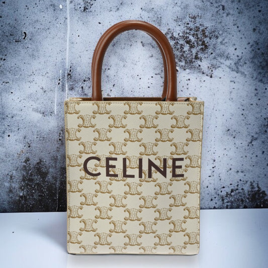 Celine Mini Vertical Cabas Triomphe Shoulder Handbag Calf Canvas White Ivory [Used]