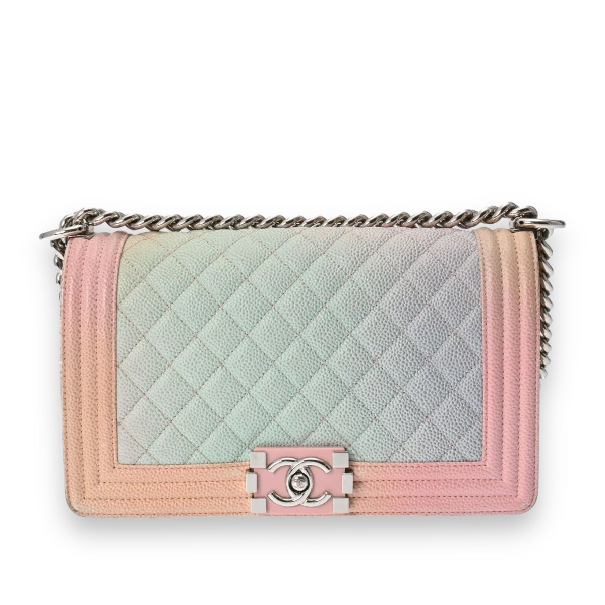 Chanel Quilted CC Boy Chanel Medium 25cm Chain Shoulder Bag Crossbody A67086 Caviar Pink Silver Hardware [Used]