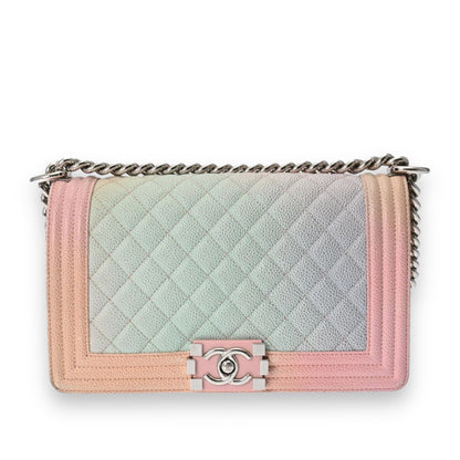 Chanel Quilted CC Boy Chanel Medium 25cm Chain Shoulder Bag Crossbody A67086 Caviar Pink Silver Hardware [Used]