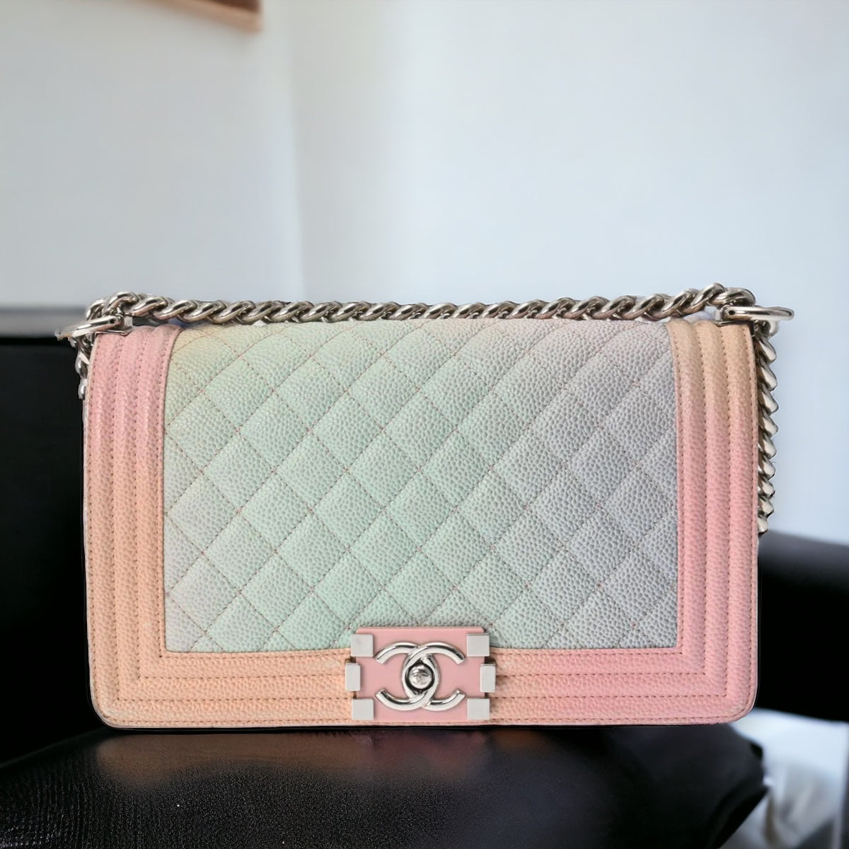 Chanel Quilted CC Boy Chanel Medium 25cm Chain Shoulder Bag Crossbody A67086 Caviar Pink Silver Hardware [Used]