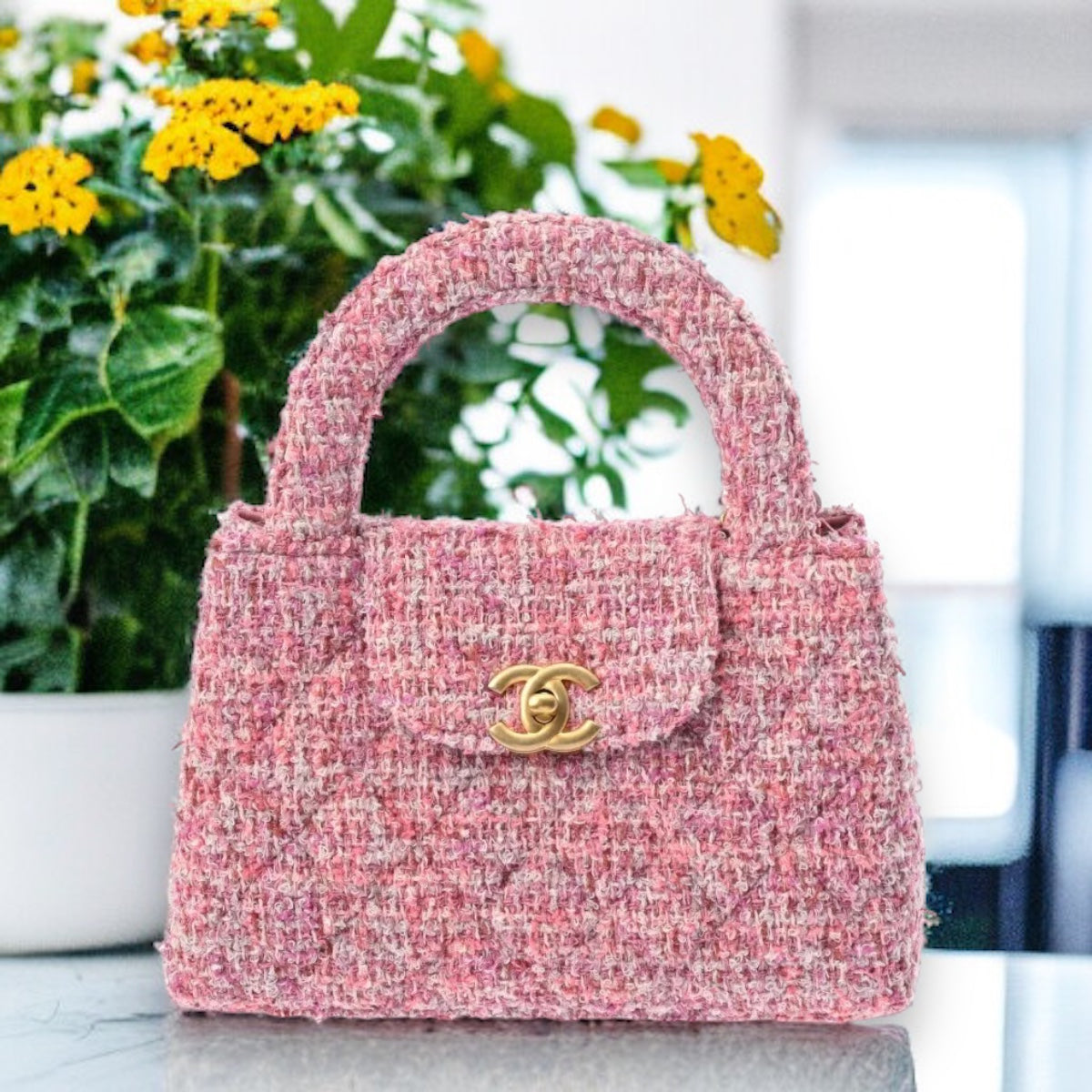 Chanel CC Mini Shopping Shoulder Handbag AS4416 Cotton Tweed Pink Gold Hardware [New]