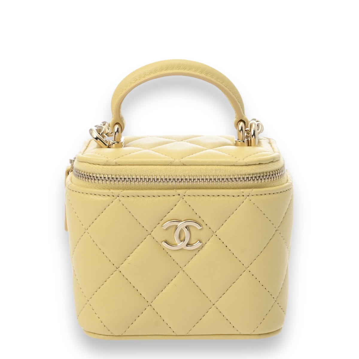 Chanel Quilted CC Small Vanity Case Chain Shoulder Bag Croosbody AP2198 Lambskin Leather Yellow [Almost New]