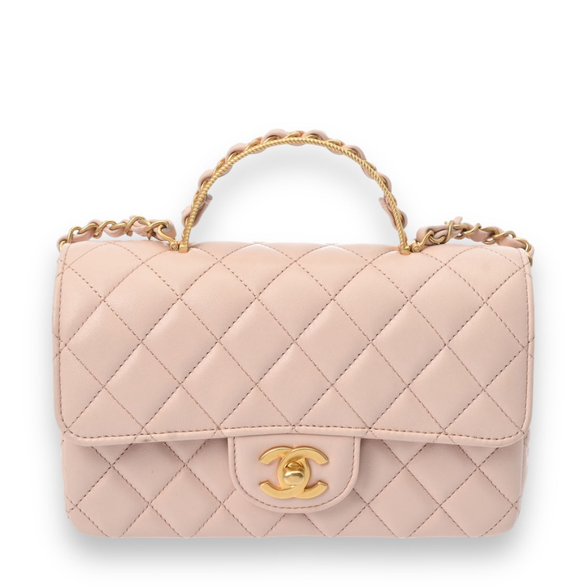 Chanel Quilted CC Top Handle Flap 2 way Shoulder Handbag AS4023 Lambskin Leather Light Pink [Used]