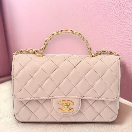 Chanel Quilted CC Top Handle Flap 2 way Shoulder Handbag AS4023 Lambskin Leather Light Pink [Used]