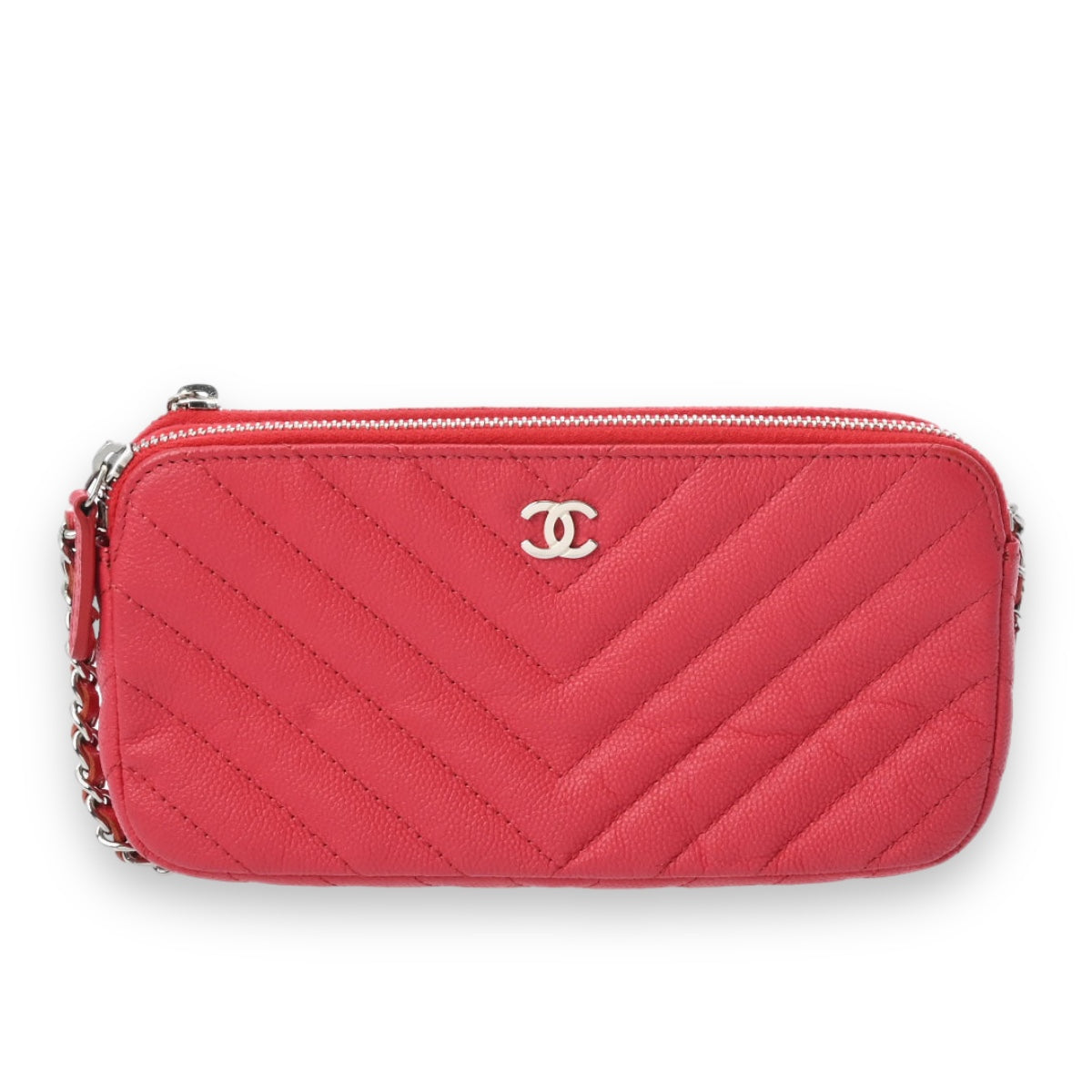 Chanel Chevron CC Chain Wallet A82527 Caviar Leather Red [Used]