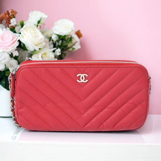 Chanel Chevron CC Chain Wallet A82527 Caviar Leather Red [Used]