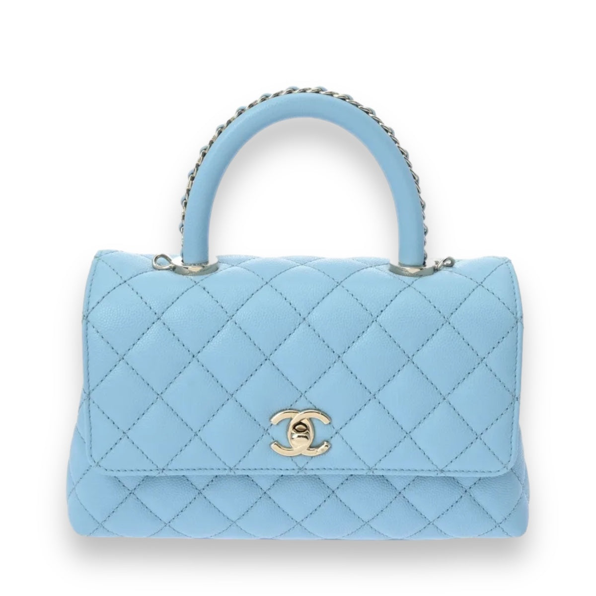 Chanel Matelasse CC Coco Handle XS Top Handle Shoulder Handbag A92990 Caviar Leather Baby Blue [Used]