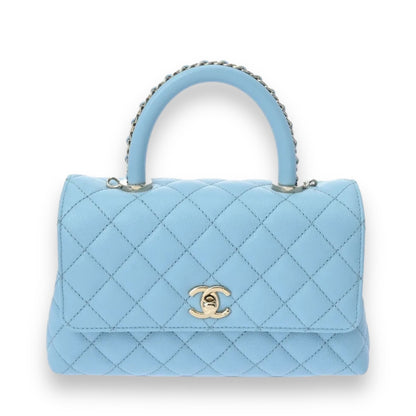 Chanel Matelasse CC Coco Handle XS Top Handle Shoulder Handbag A92990 Caviar Leather Baby Blue [Used]