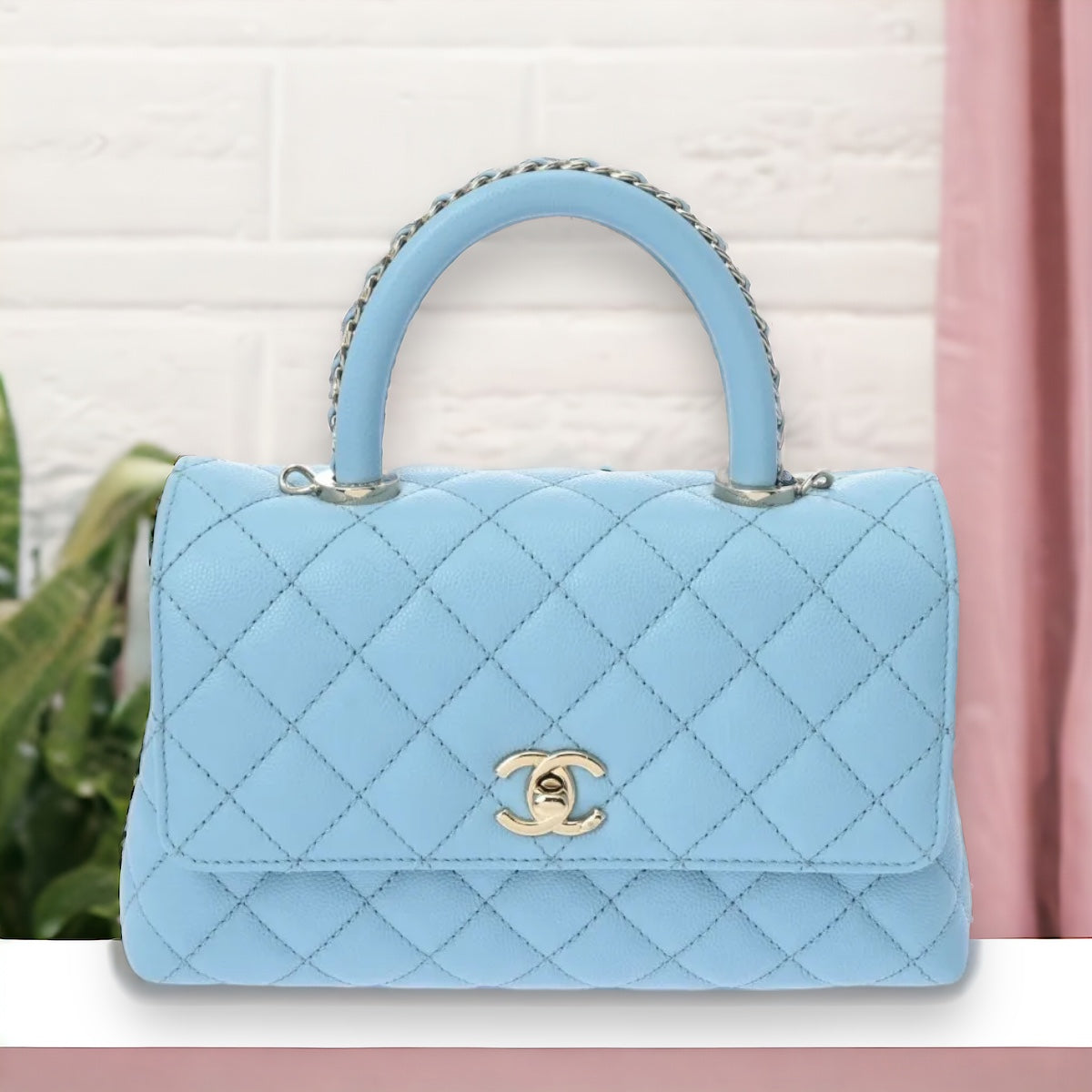 Chanel Matelasse CC Coco Handle XS Top Handle Shoulder Handbag A92990 Caviar Leather Baby Blue [Used]