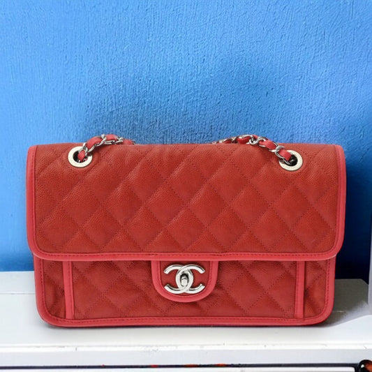 Chanel Matelasse CC Chain Shoulder Flap Bag A66801 Caviar Leather Red [Used]