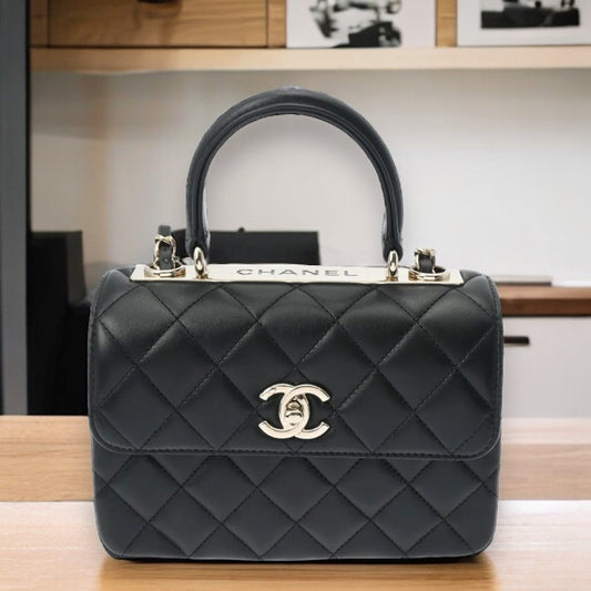 Chanel Quilted CC Top Handle GHW Chain Shoulder Flap Bag AS4654 Lambskin Leather Black [Used]