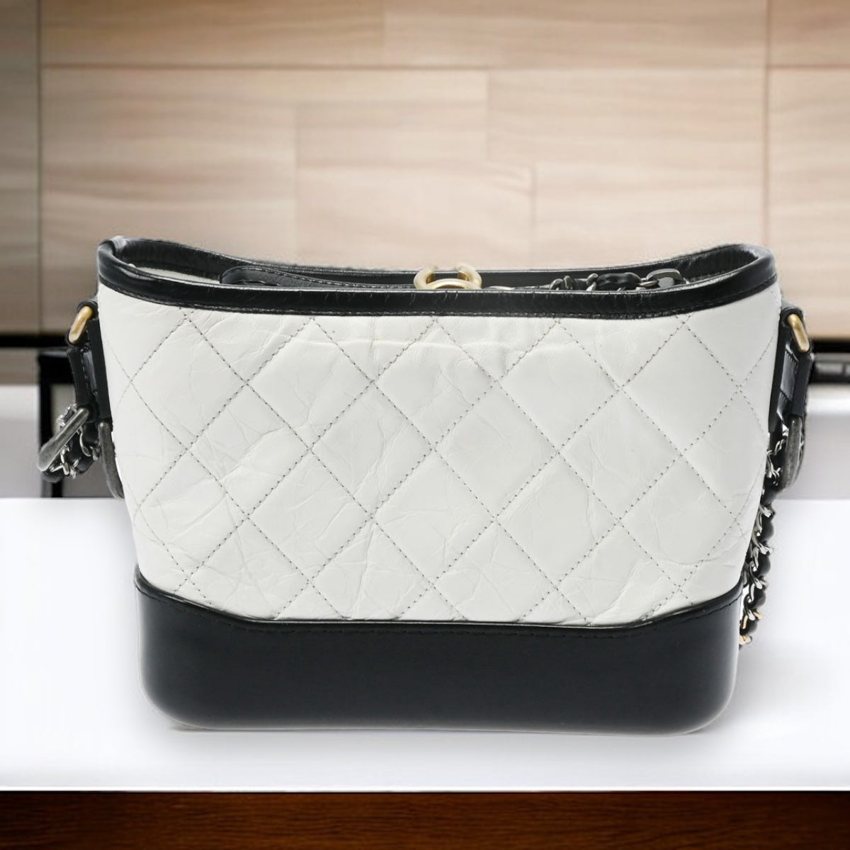 Chanel Quilted CC Gabrielle Small Hobo Bag Shoulder Bag Crossbody A91810 Aged Calf Leather White Black [Used]