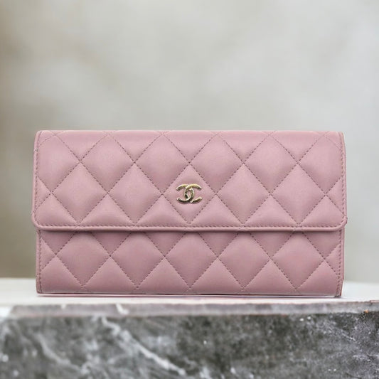 Chanel Quilted Classic Coco Mark Bifold Long Wallet Smooth Leather Light Pink Purple [Used]