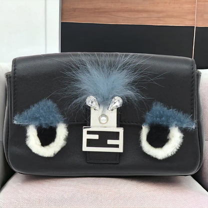 Fendi Monster Micro Baguette 2 way Shoulder Handbag 8M0354 Leather Faux Fur Black [Used]