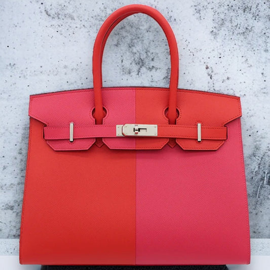 Hermes Birkin 30 Handbag Vaux Epsonm Rouge Clou x Rose Extreme x Blue Zanzibar Red Pink Blue Silver hardware SHW [Almost New]