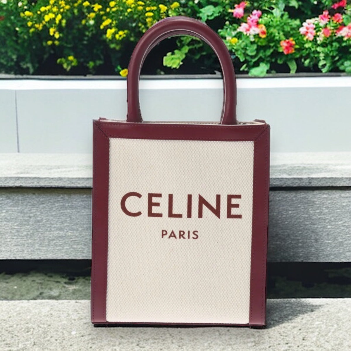 Celine Mini Vertical Cabas Shoulder Handbag 2022AW Textile/Calf Brown White Natural/Carmine [Used]