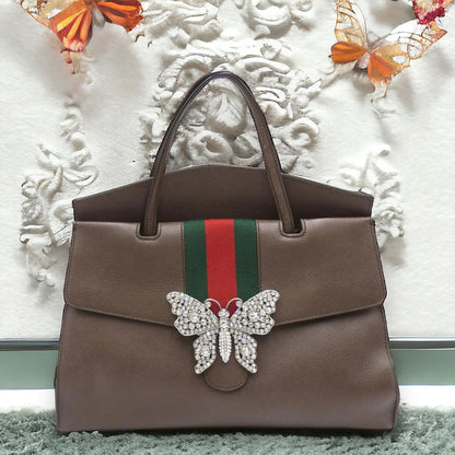 Gucci GG Sherry Line Totem Butterfly 2 Way Shoulder Handbag 500772 Leather Dark Brown