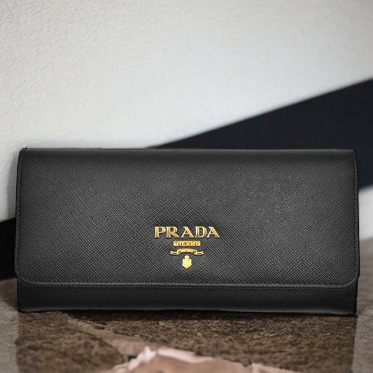 Prada W Hook Bifold Long Wallet with Card Case 1MH132 Saffiano Leather Black Nero Black [Used]