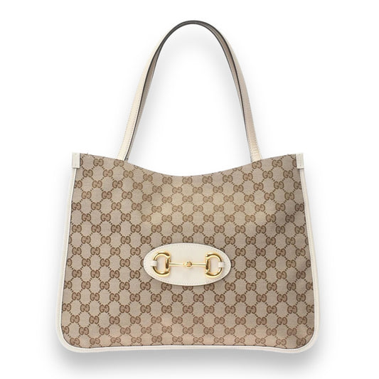 Gucci GG Horsebit 1955 Tote Bag Handbag 623694 Leather Canvas Brown White [Used]