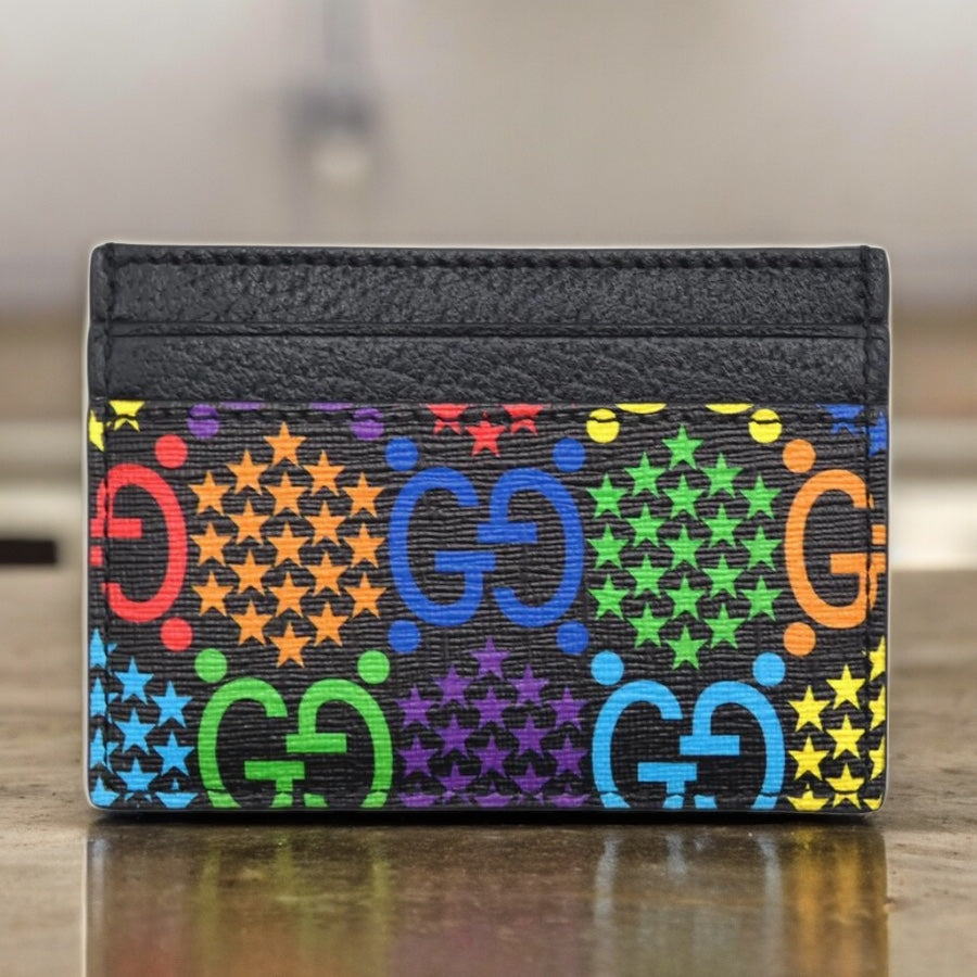 99% New Gucci GG Logo Print Card Case Holder 601098 Leather Black Multicolor