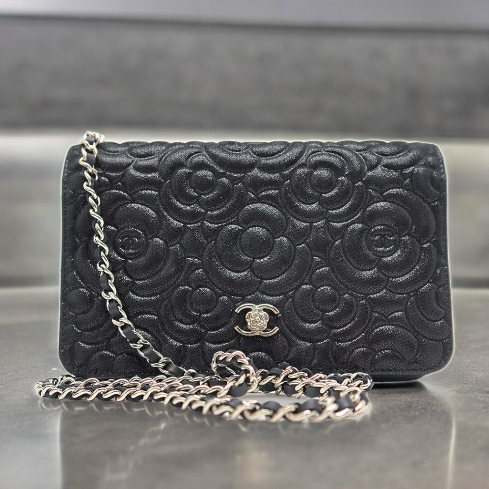 Chanel CC Camellia Embossed Chain Wallet WOC A82336 Leather Black [Used]