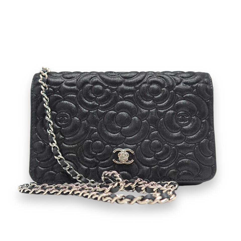 Chanel CC Camellia Embossed Chain Wallet WOC A82336 Leather Black [Used]