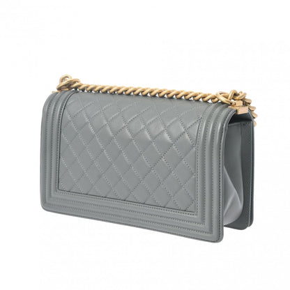 Chanel CC Quilted Boy Chanel Medium 25cm Chain Shoulder Bag Gray Gold Hardware A67086 Lambskin [Used]