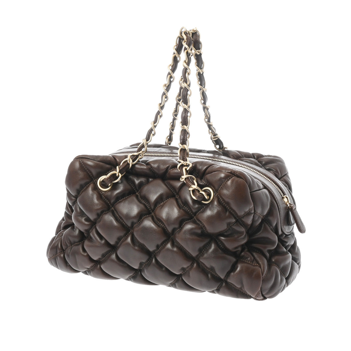 Chanel CC Bubble Quilted Shoulder Bag Lambskin Leather Brown Gold Hardware [Used]