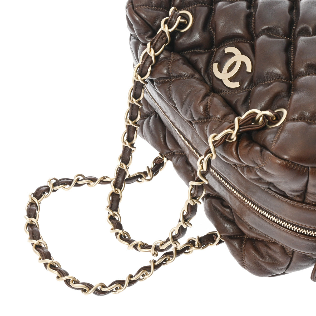 Chanel CC Bubble Quilted Shoulder Bag Lambskin Leather Brown Gold Hardware [Used]