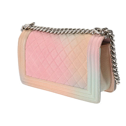 Chanel Quilted CC Boy Chanel Medium 25cm Chain Shoulder Bag Crossbody A67086 Caviar Pink Silver Hardware [Used]