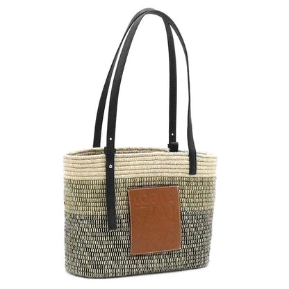 Loewe Square Basket Bag Small Handbag Raffia Leather Beige Tan Black [Used]