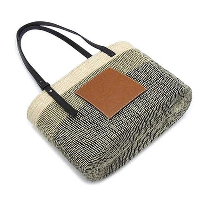 Loewe Square Basket Bag Small Handbag Raffia Leather Beige Tan Black [Used]