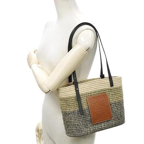 Loewe Square Basket Bag Small Handbag Raffia Leather Beige Tan Black [Used]