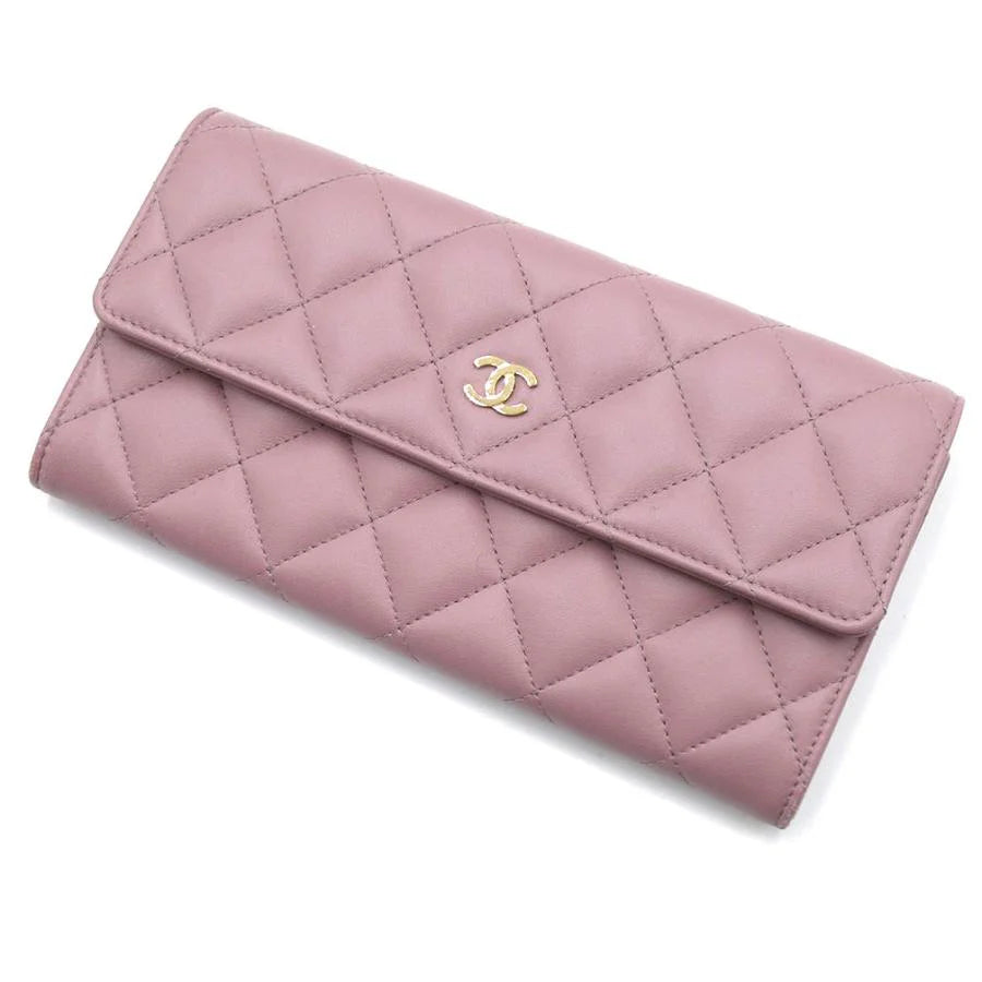 Chanel Quilted Classic Coco Mark Bifold Long Wallet Smooth Leather Light Pink Purple [Used]