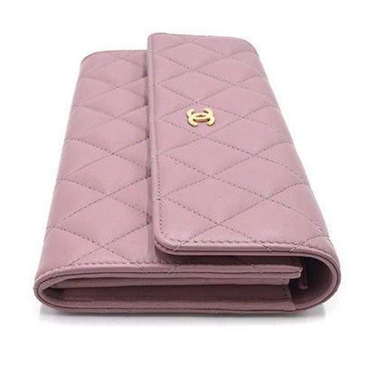 Chanel Quilted Classic Coco Mark Bifold Long Wallet Smooth Leather Light Pink Purple [Used]