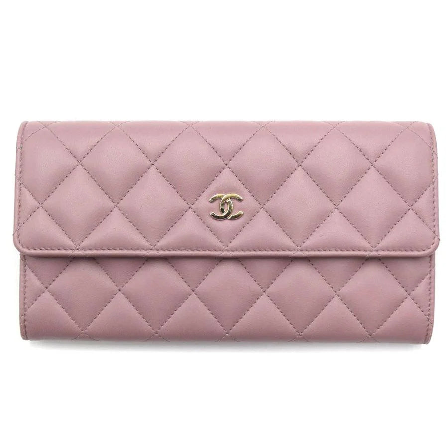 Chanel Quilted Classic Coco Mark Bifold Long Wallet Smooth Leather Light Pink Purple [Used]